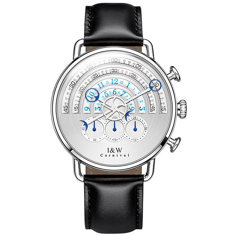 A stylish silver-toned watch with a blue dial and brown leather strap, featuring a sapphire crystal glass mirror and a pin buckle.