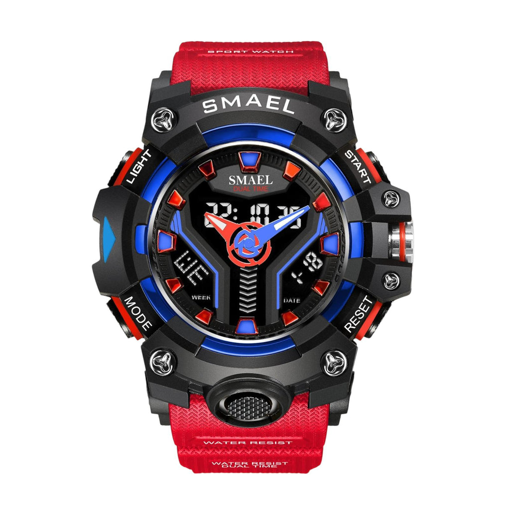 Smael sports watch with red and black design on a white background