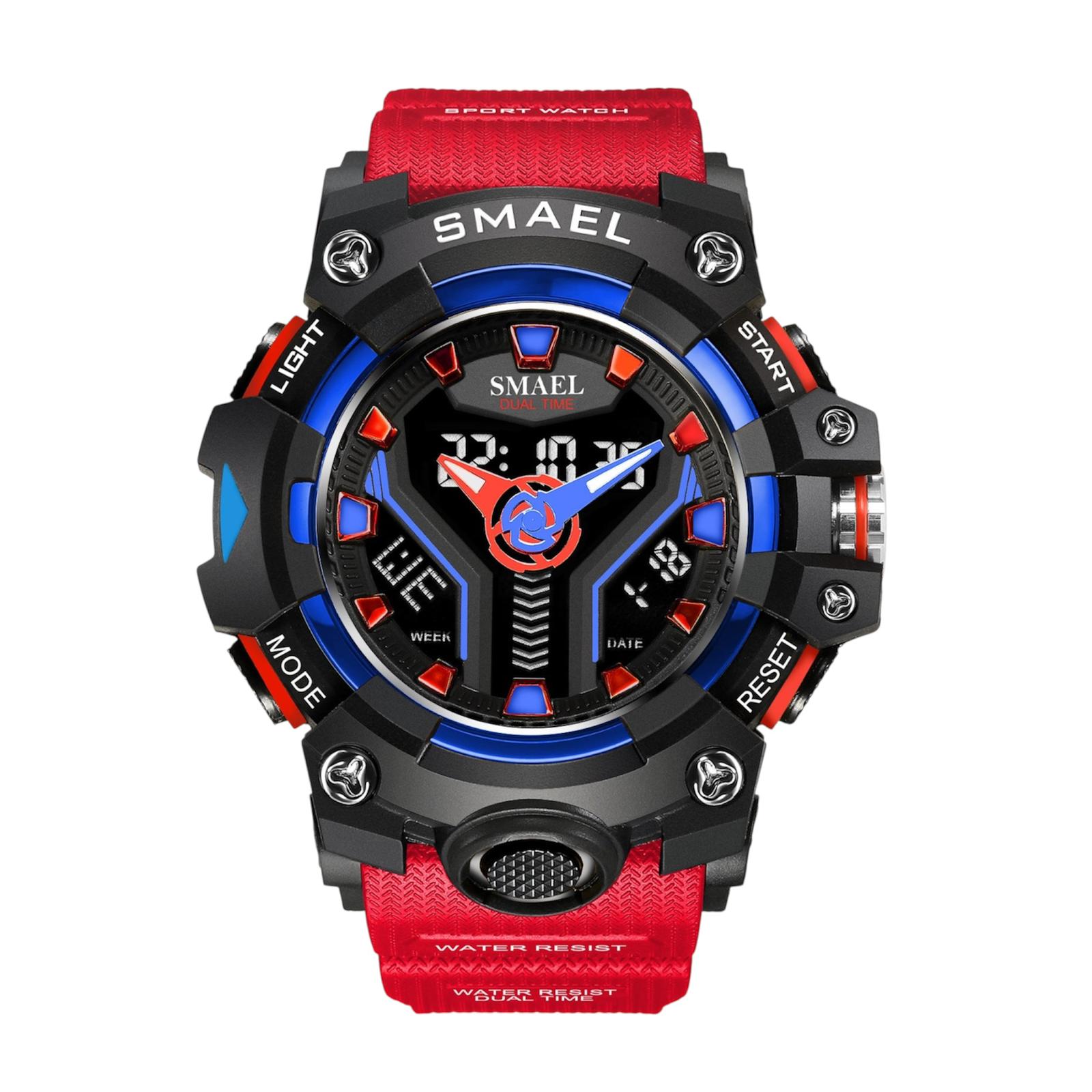 Smael sports watch with red and black design on a white background