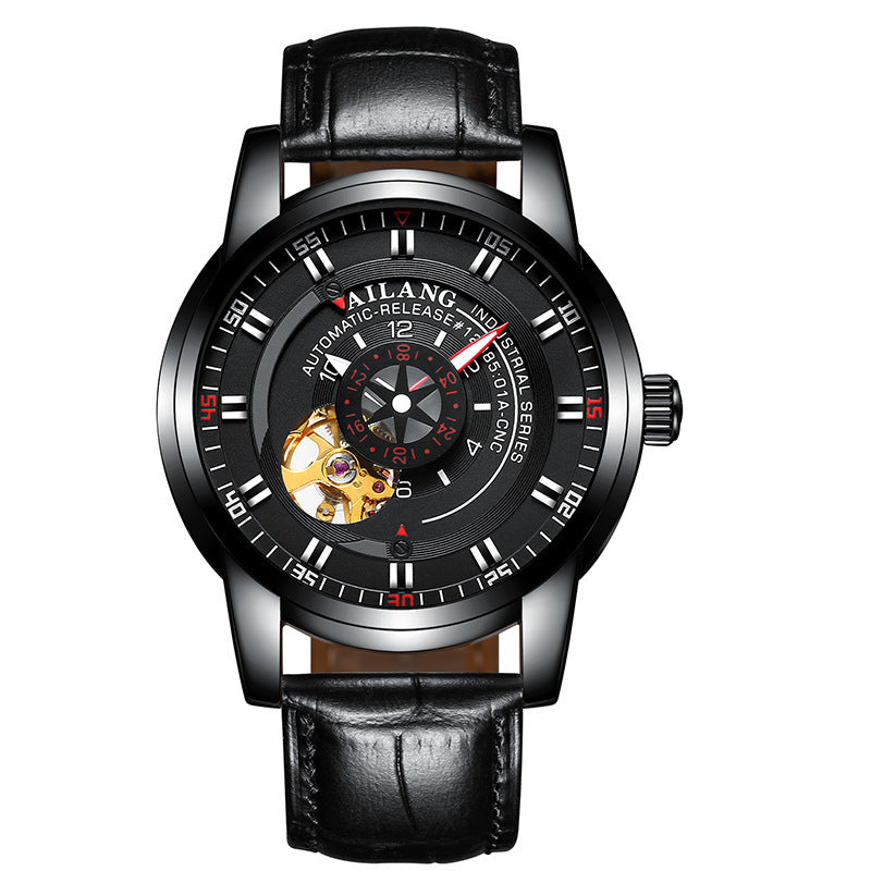 A men's automatic mechanical watch with a blue dial, black stainless steel band, and rose gold buckle.
