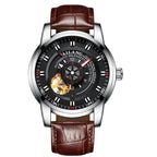 A men's automatic mechanical watch with a blue dial, black stainless steel band, and rose gold buckle.