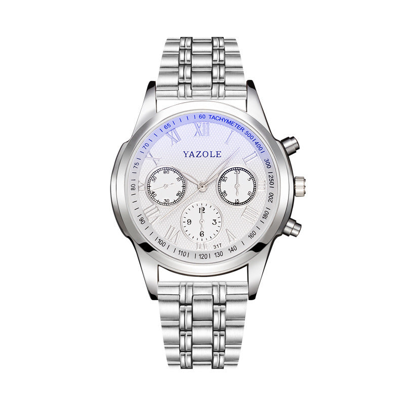 A silver-colored business watch with a blue analog dial and a stainless steel alloy strap, featuring a pin buckle.