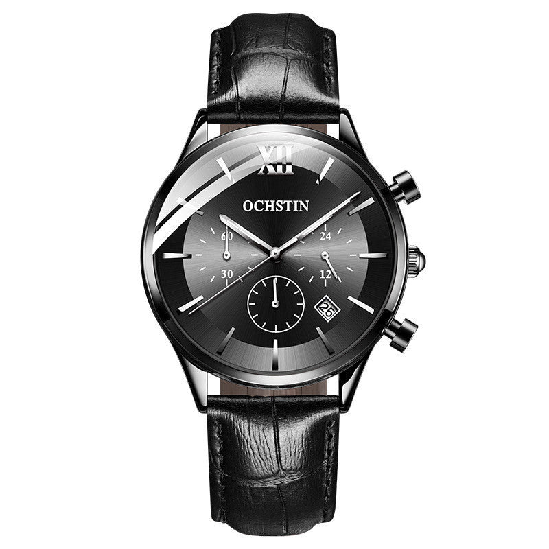 A men's OCHSTIN watch with a black leather band and rose gold case, featuring a black dial with multiple sub-dials and a date display.