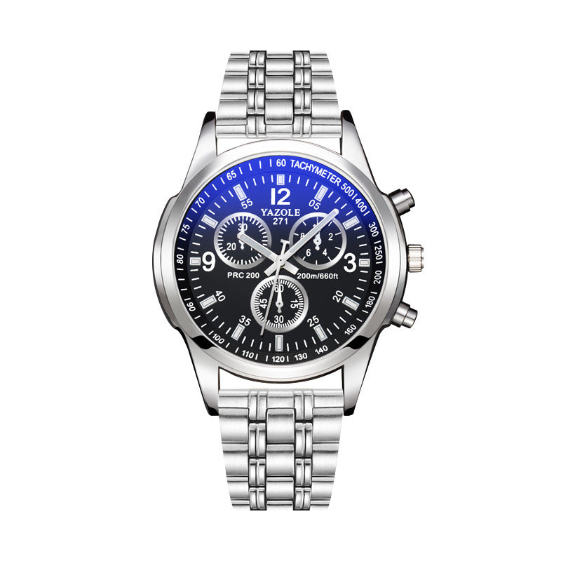 A silver-colored business watch with a blue analog dial and a stainless steel alloy strap, featuring a pin buckle.