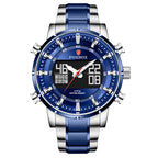 A men's dual display multifunctional sports watch with a blue dial, silver and gold casing, and a stainless steel band.