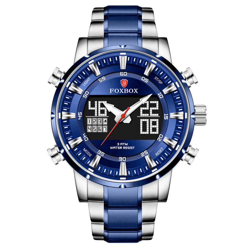 A men's dual display multifunctional sports watch with a blue dial, silver and gold casing, and a stainless steel band.
