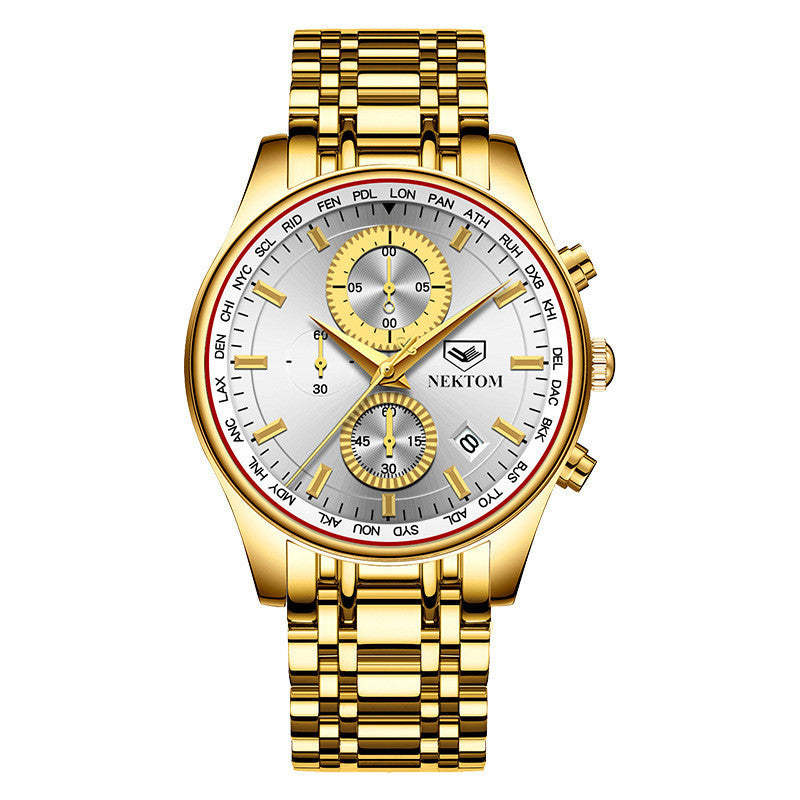 A gold color men's quartz watch with a black dial, sapphire crystal glass mirror, and a stainless steel bracelet.