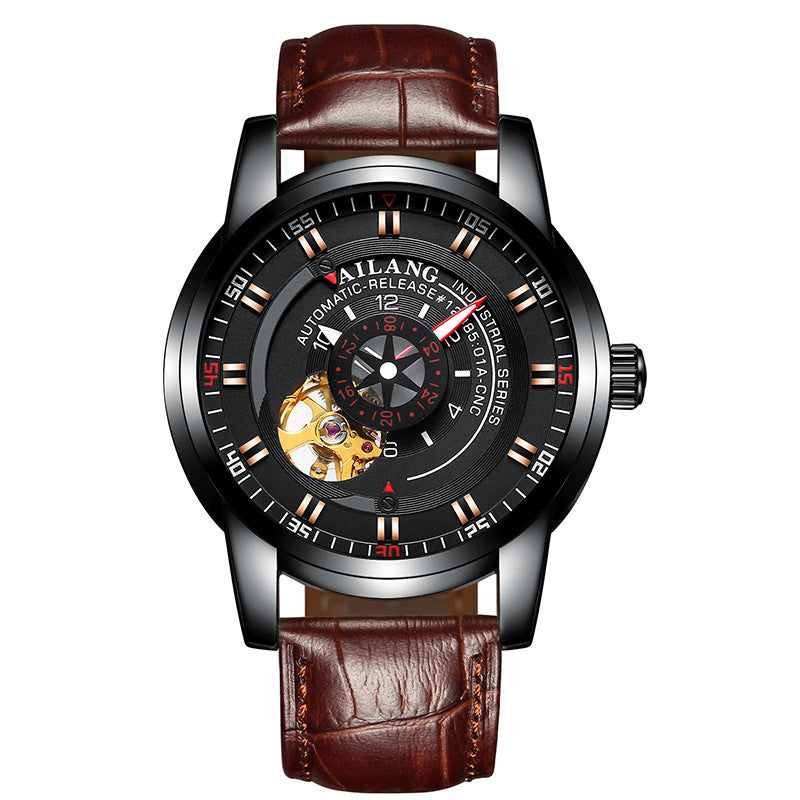 A men's automatic mechanical watch with a blue dial, black stainless steel band, and rose gold buckle.