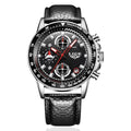 Black wristwatch with detailed face and leather strap on a white background