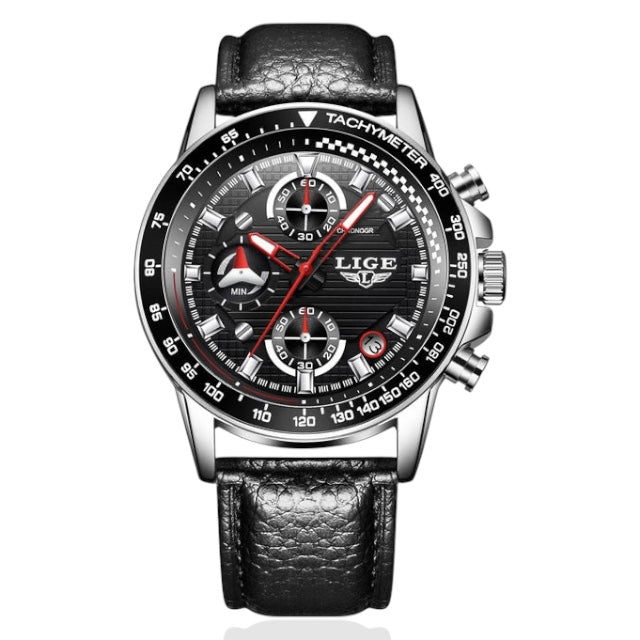 Black wristwatch with detailed face and leather strap on a white background