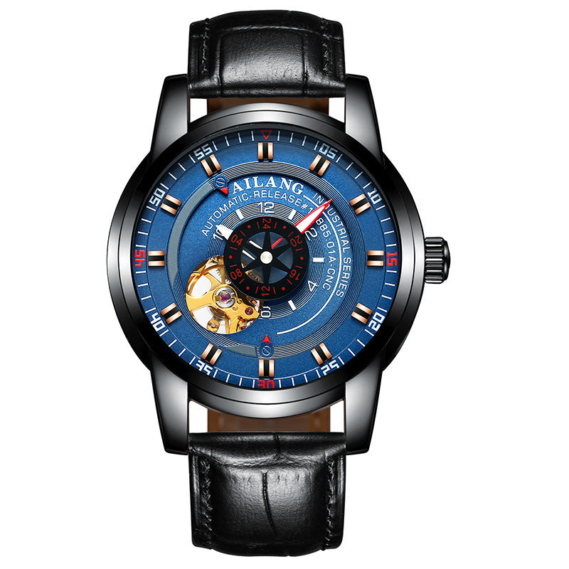 A men's automatic mechanical watch with a blue dial, black stainless steel band, and rose gold buckle.