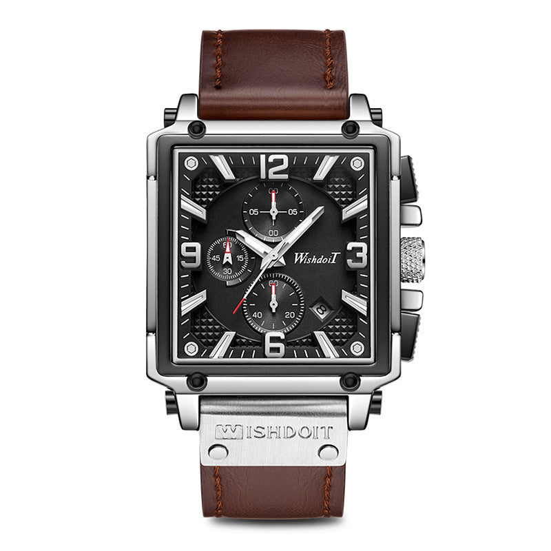 A men's square-shaped watch with a brown leather band and rose gold case, featuring a black dial with indicator needles and a spiral crown.