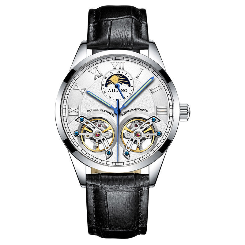 A men's mechanical watch with a blue dial, gold case, and black leather strap.
