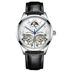 A men's mechanical watch with a blue dial, gold case, and black leather strap.