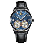 A men's mechanical watch with a blue dial, gold case, and black leather strap.