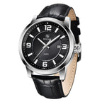A black Benya men's quartz watch with a leather strap and a stainless steel case.