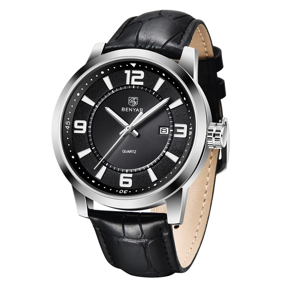 A black Benya men's quartz watch with a leather strap and a stainless steel case.