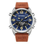 A blue and white men's electronic quartz dual display outdoor sports watch with a leather strap and a round dial.