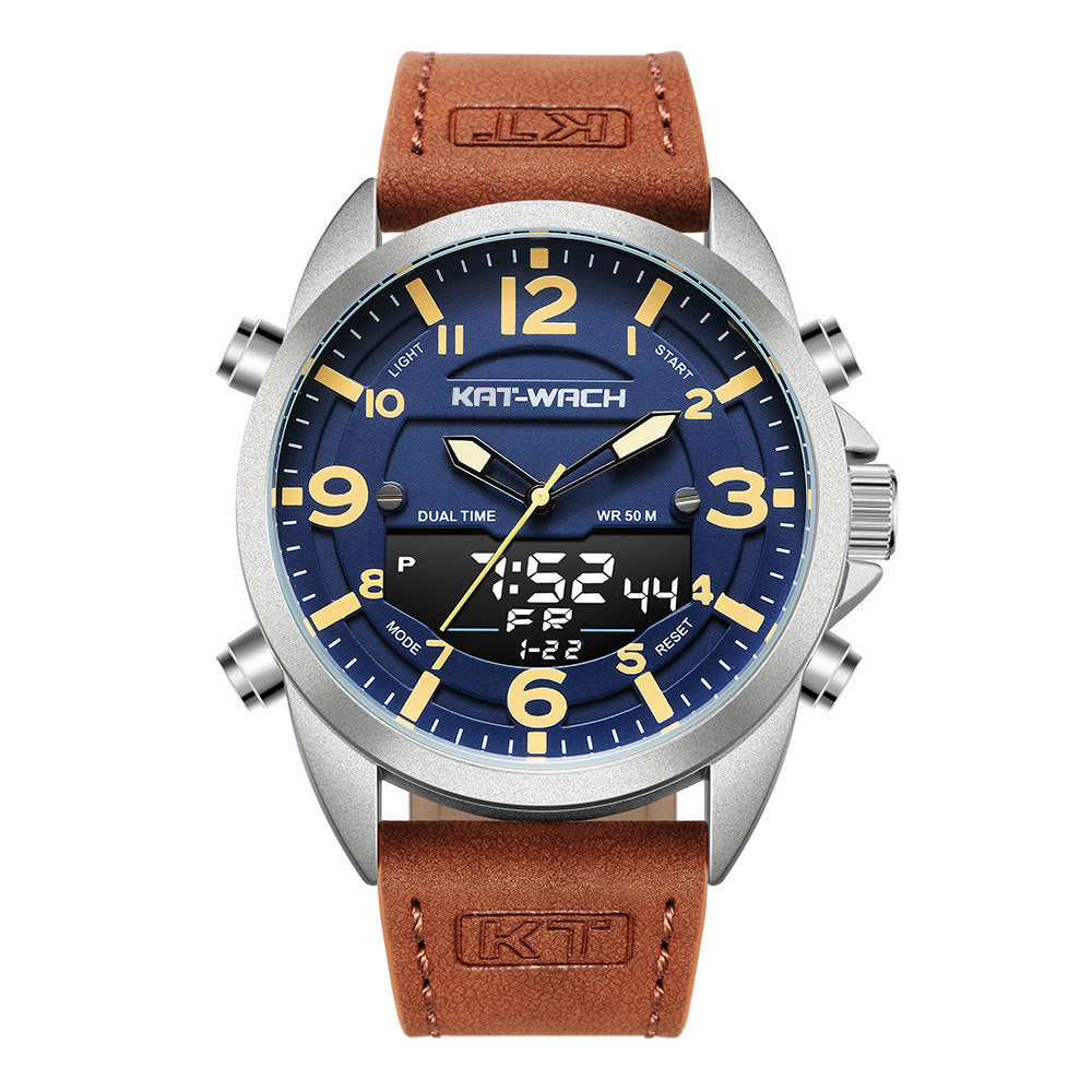 A blue and white men's electronic quartz dual display outdoor sports watch with a leather strap and a round dial.