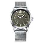 A stainless steel mechanical watch with a green dial and a metallic mesh band. The watch has a date display and is labeled with 'CUBAEX' on the dial.