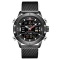 A men's blue sports watch with a round digital display, analog hands, and a blue stainless steel mesh band.