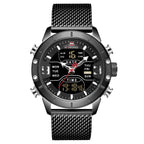 A men's blue sports watch with a round digital display, analog hands, and a blue stainless steel mesh band.