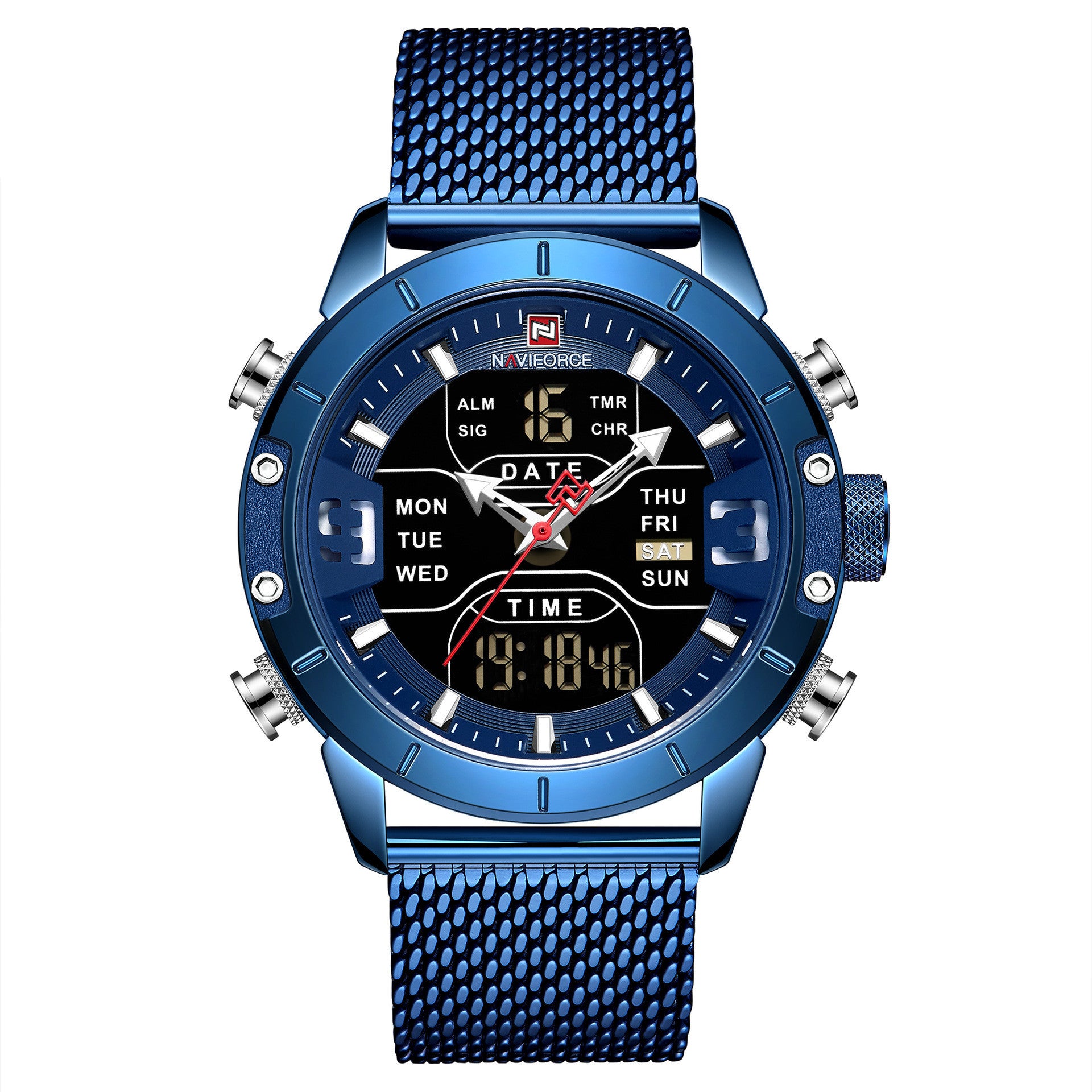 A men's blue sports watch with a round digital display, analog hands, and a blue stainless steel mesh band.