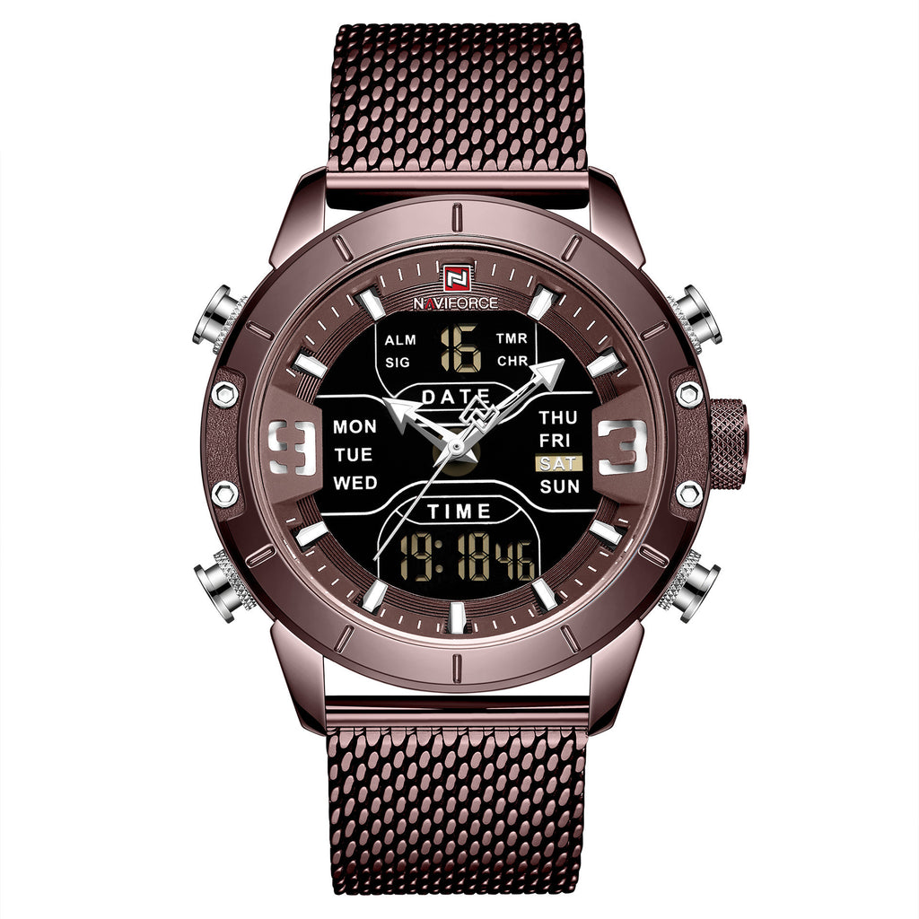 A men's blue sports watch with a round digital display, analog hands, and a blue stainless steel mesh band.