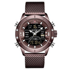 A men's blue sports watch with a round digital display, analog hands, and a blue stainless steel mesh band.
