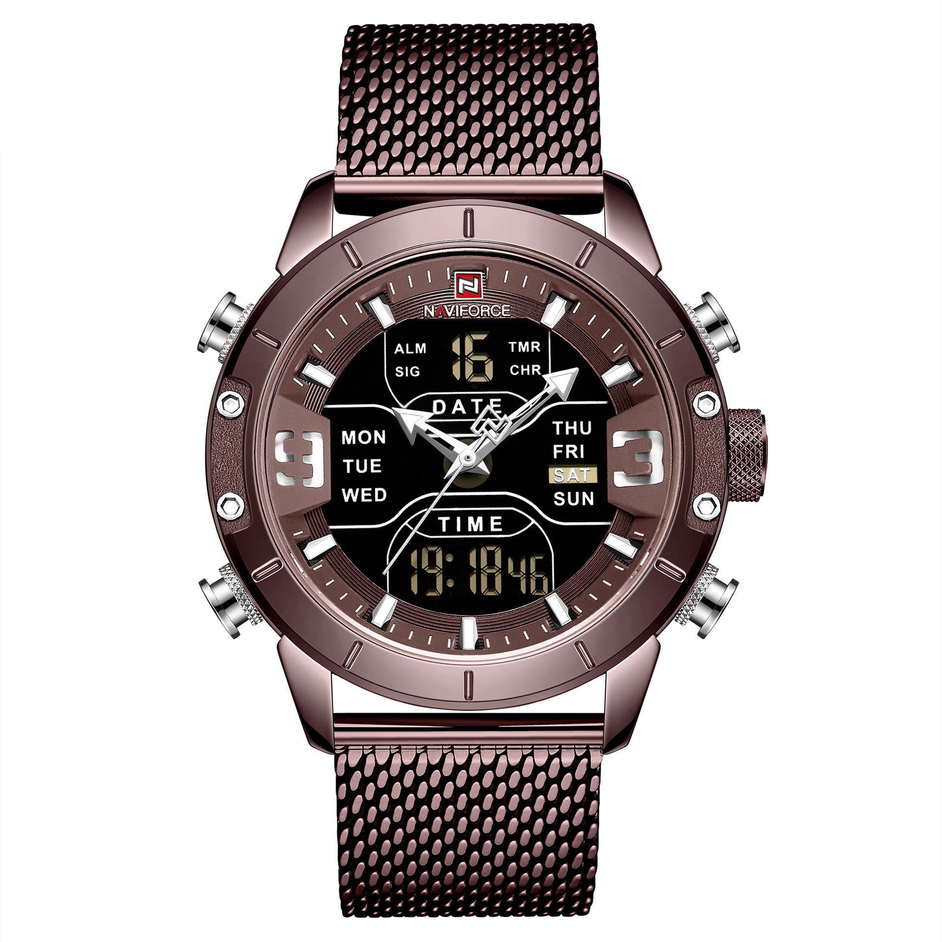 A men's blue sports watch with a round digital display, analog hands, and a blue stainless steel mesh band.