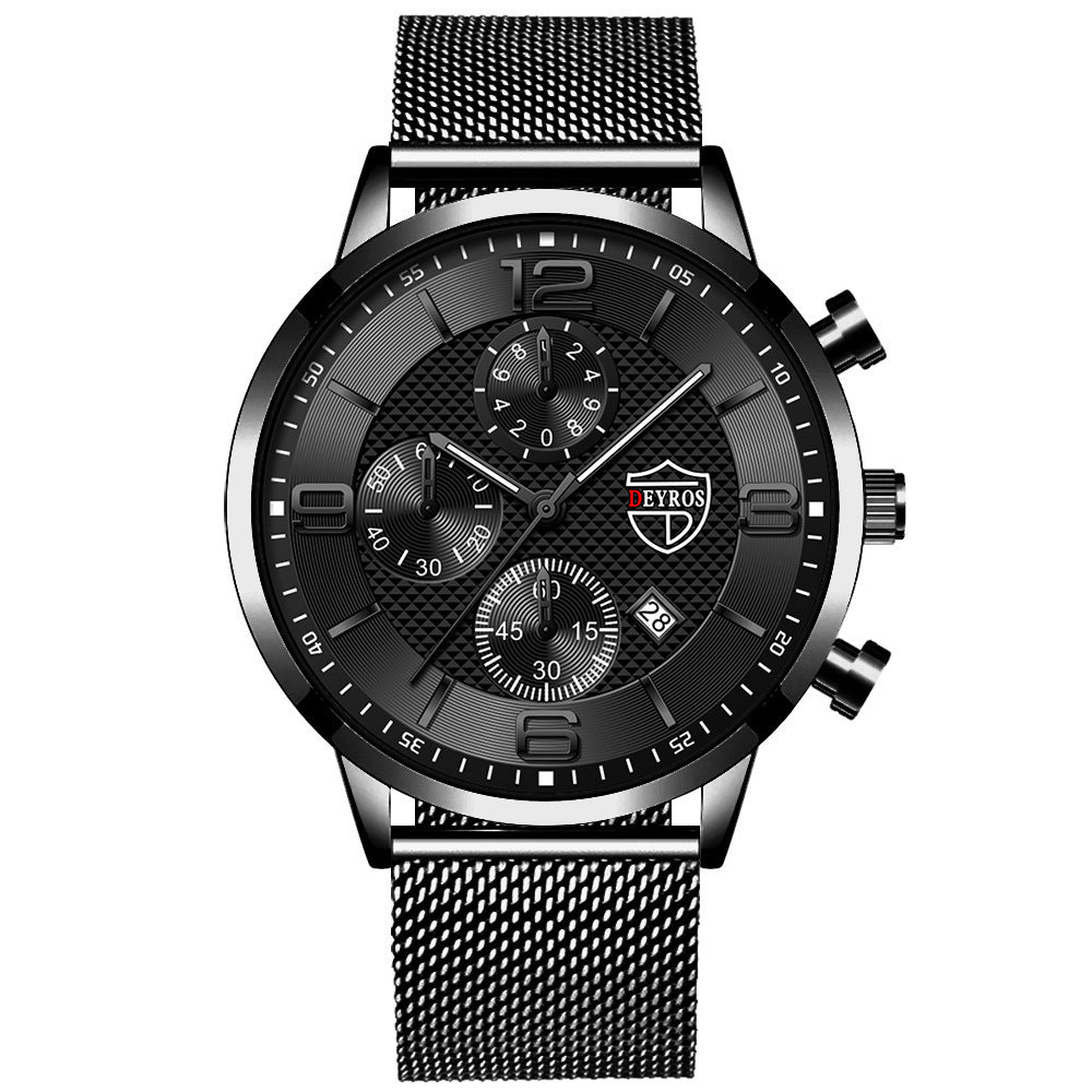 A black analog wristwatch with a stainless steel band and a dial featuring multiple subdials and a calendar display.