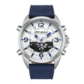 A blue and white men's electronic quartz dual display outdoor sports watch with a leather strap and a round dial.