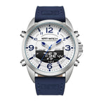 A blue and white men's electronic quartz dual display outdoor sports watch with a leather strap and a round dial.