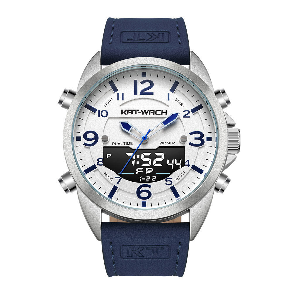 A blue and white men's electronic quartz dual display outdoor sports watch with a leather strap and a round dial.