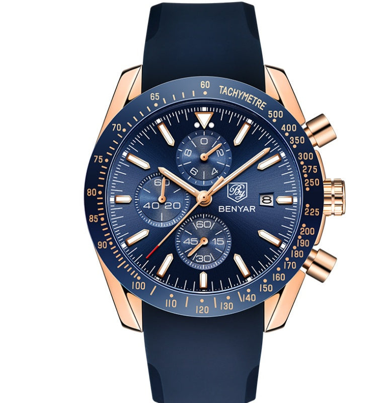 A men's quartz watch with a blue strap and rose gold case, featuring a blue dial with multiple subdials and a tachymeter.