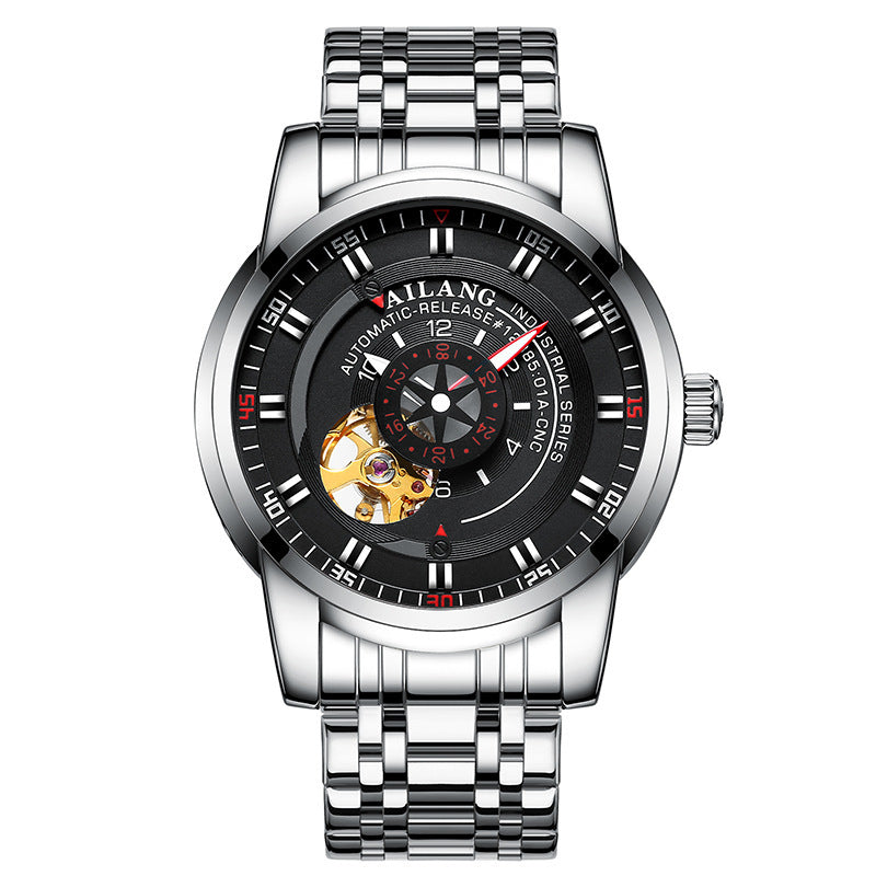 A men's automatic mechanical watch with a blue dial, black stainless steel band, and rose gold buckle.