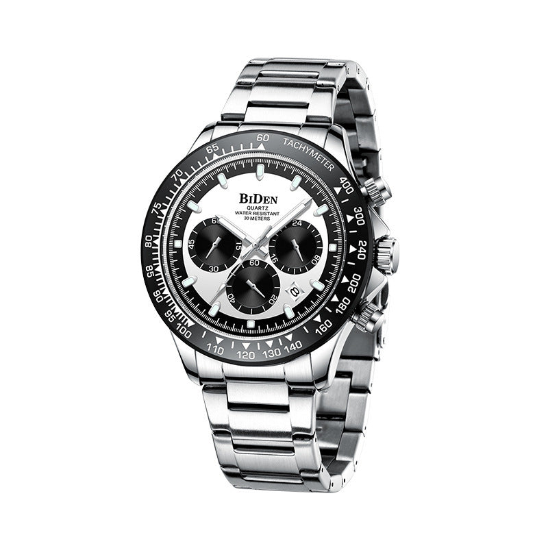 A black and gold men's quartz watch with a stainless steel strap and a dial displaying chronograph functionality.