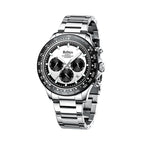 A black and gold men's quartz watch with a stainless steel strap and a dial displaying chronograph functionality.