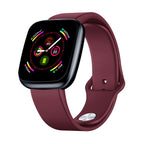 A black smartwatch with a silicone wristband and a digital display showing time and date.