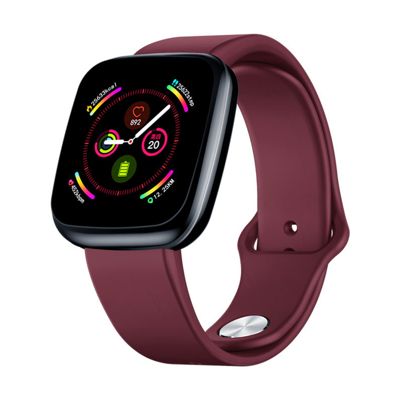 A black smartwatch with a silicone wristband and a digital display showing time and date.