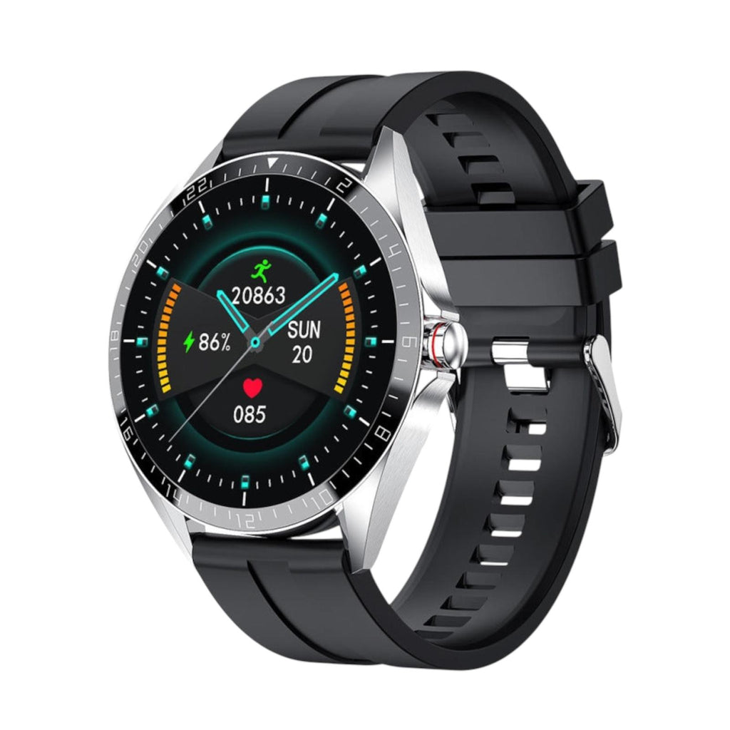 Smartwatch with a black strap on a white background