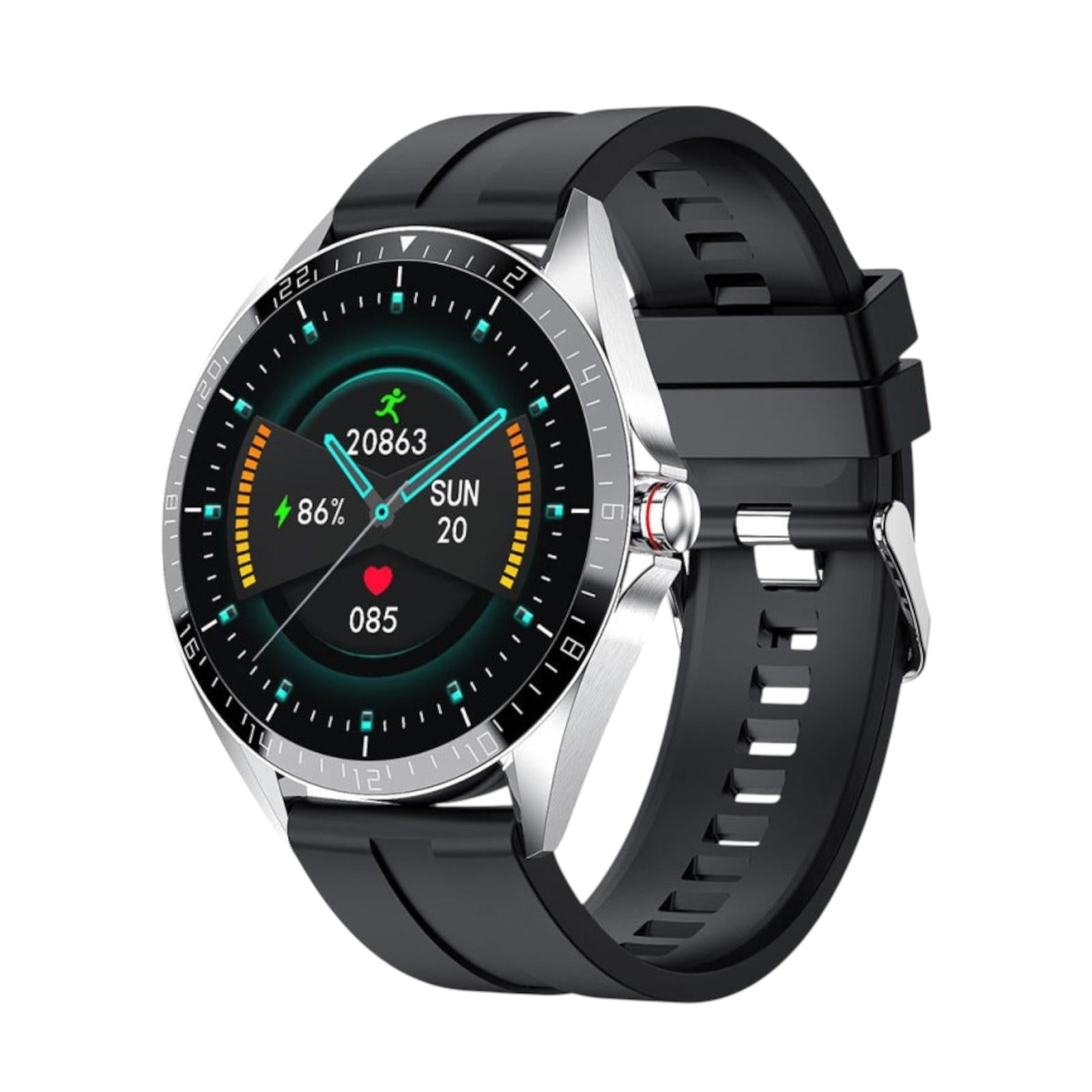 Smartwatch with a black strap on a white background