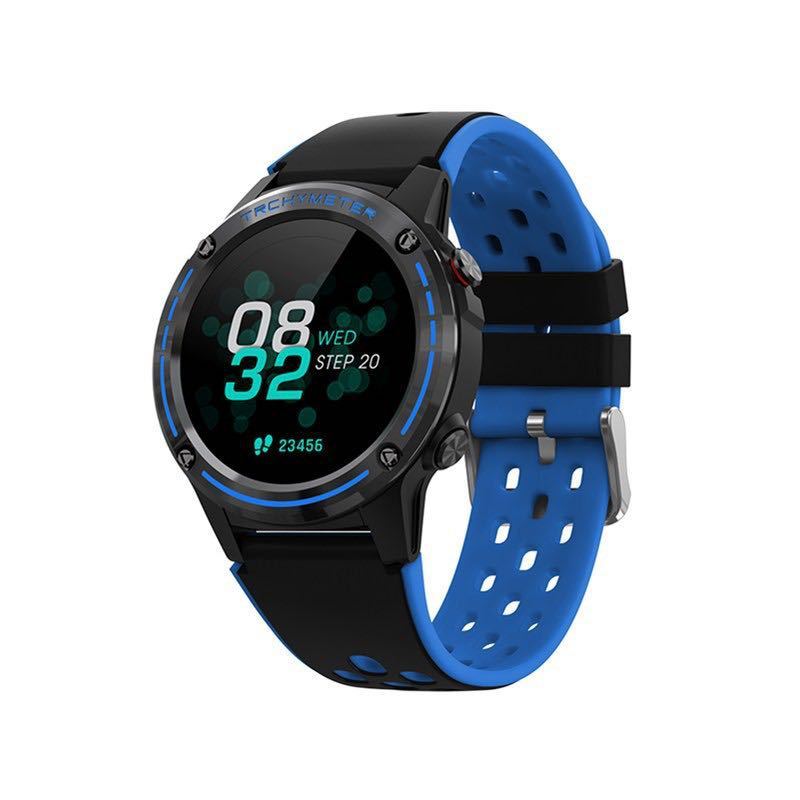 A black smartwatch with a silicone wrist strap and a digital display showing time and various smart notifications.