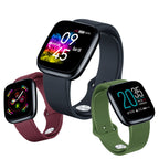 Three smartwatches with different colored bands on a white background