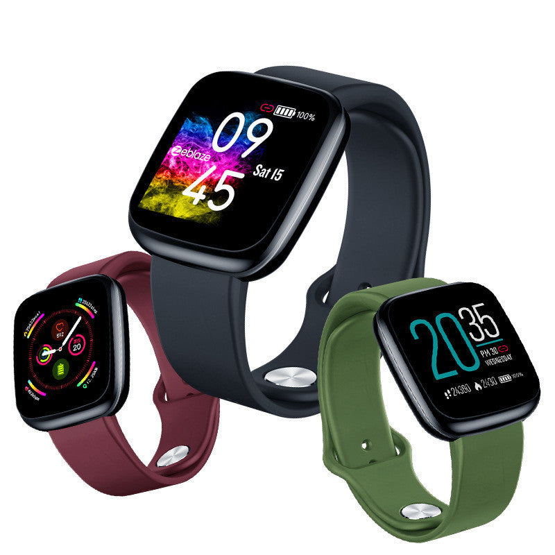 Three smartwatches with different colored bands on a white background