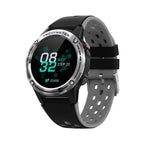A black smartwatch with a silicone wrist strap and a digital display showing time and various smart notifications.