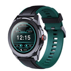 A black smartwatch with a silicone wristband and a digital display showing the time and various smart watch features.