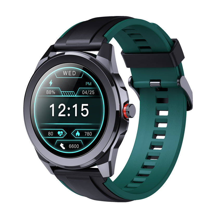 A black smartwatch with a silicone wristband and a digital display showing the time and various smart watch features.