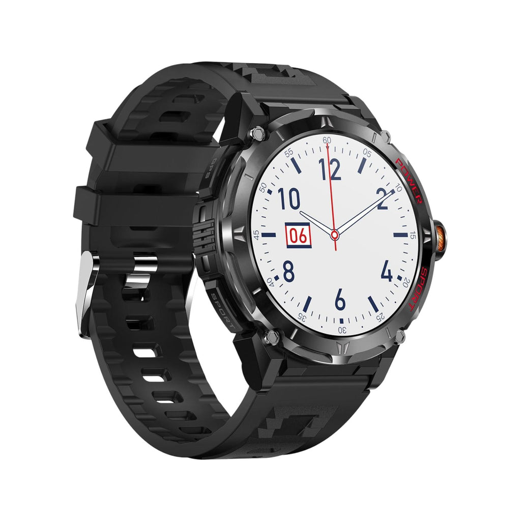 Black wristwatch with a white face on a white background