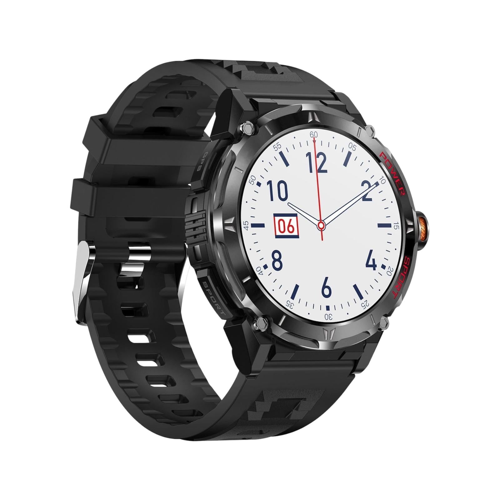 Black wristwatch with a white face on a white background